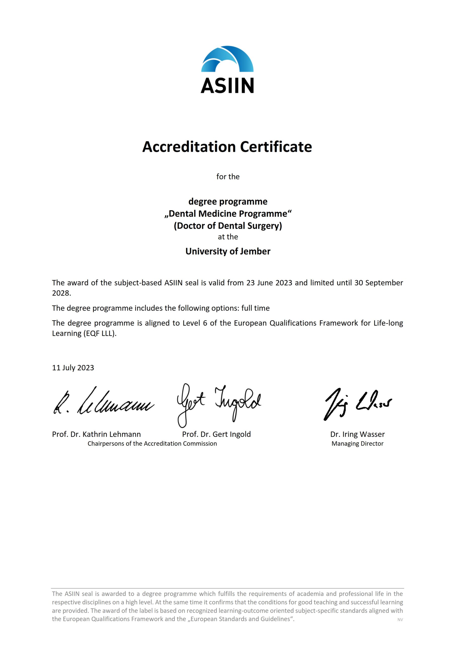 ASIIN Certificate Dental Medicine