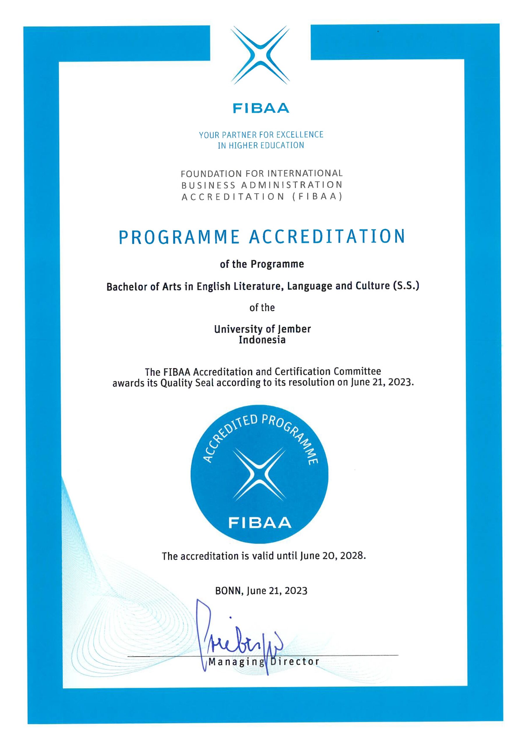 FIBAA Certificate Sastra Inggris